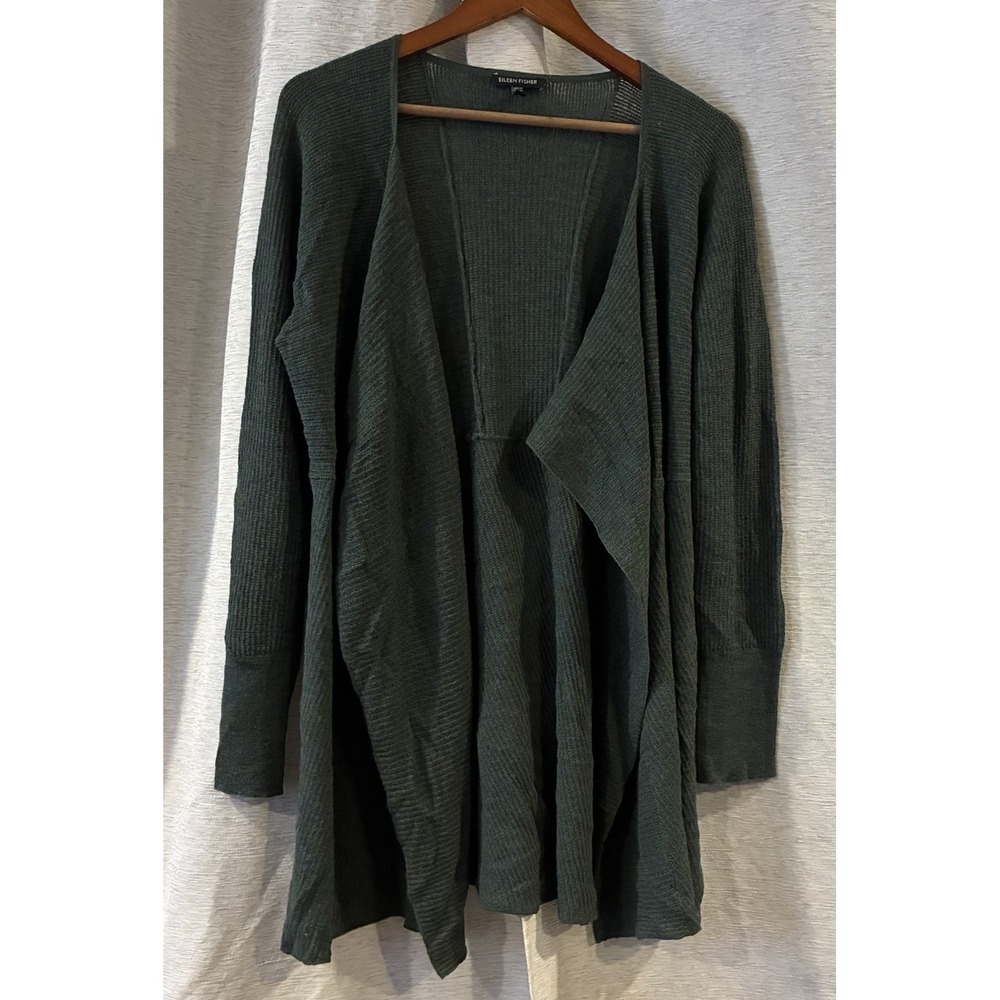 Eileen Fisher Ribbed Open Front Draped Cardigan Wool Green Large Lagenlook